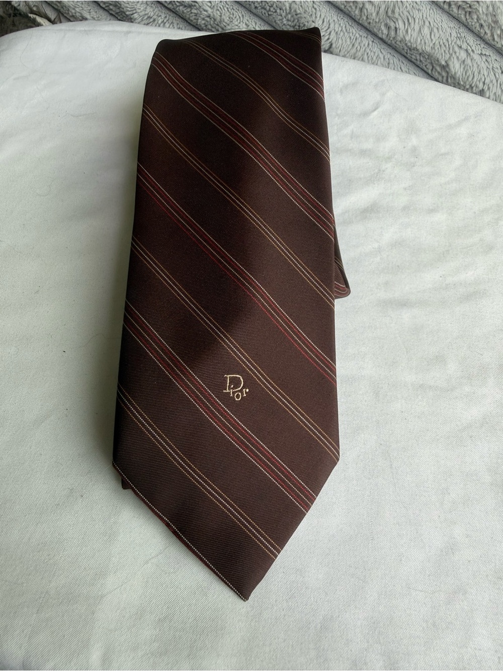 Dior Brown Silk Tie with Subtle Red and Beige Stripes
